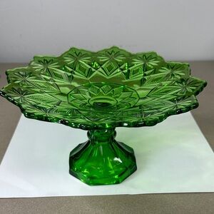 US Glass Co green footed pedestal Candy Compote Dish Diamond Pattern